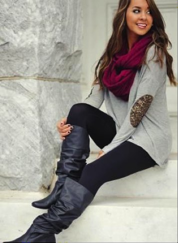 gray long sweater burgundy scarf