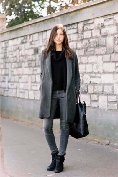 gray long wool coat with black sweater and leather ankle boots