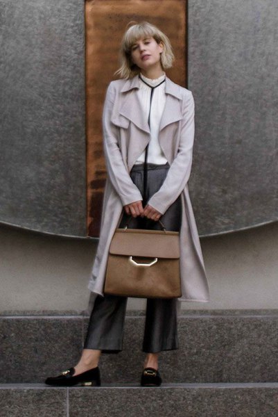 gray longline trench coat with black suede slippers