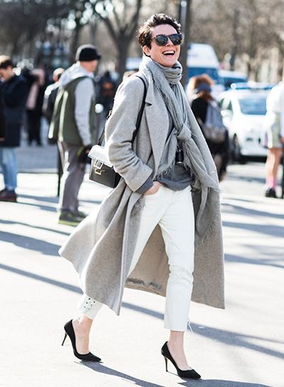 gray longline wool coat with pashmina scarf and white ankle jeans