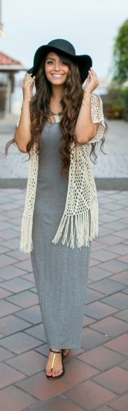 gray maxi dress white crocheted lace vest