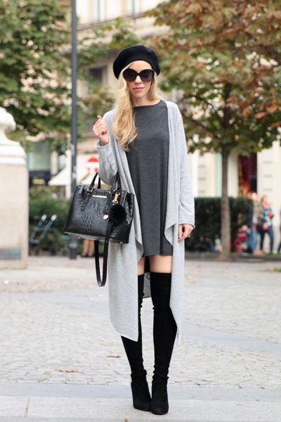 gray maxi feather duster sweater with mini shift dress