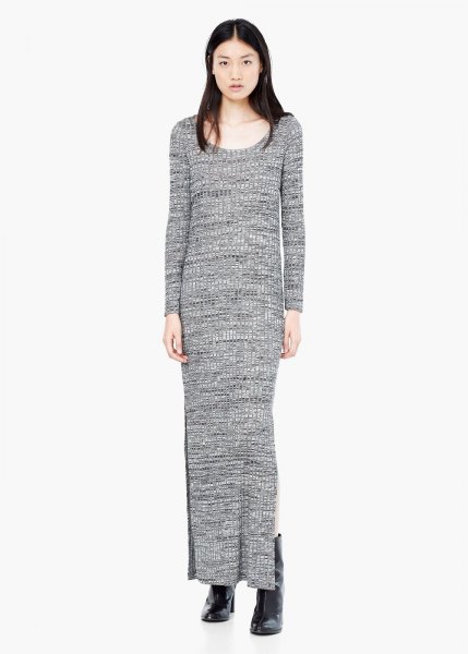 gray maxi shift knitted sweater dress with boots
