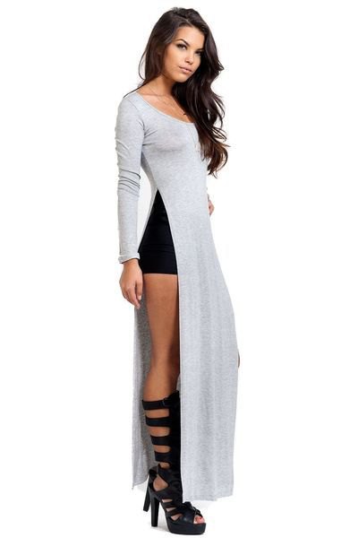 gray maxi t-shirt with side slit and knee-high boots with black strappy neckline