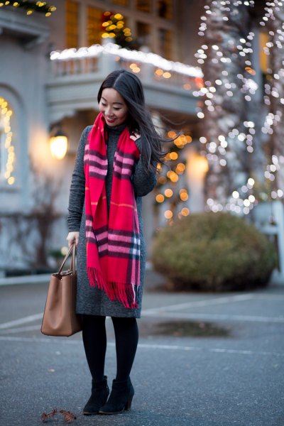 gray maxi sweater dress red scarf