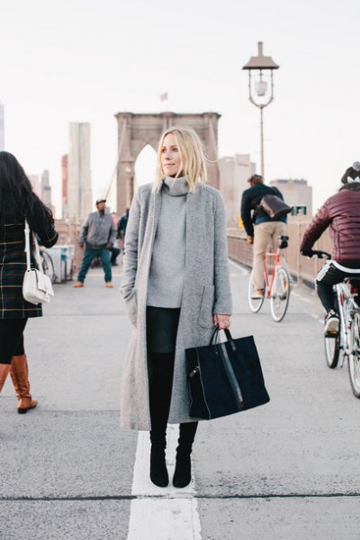gray long coat made of maxi wool with thick turtleneck sweater