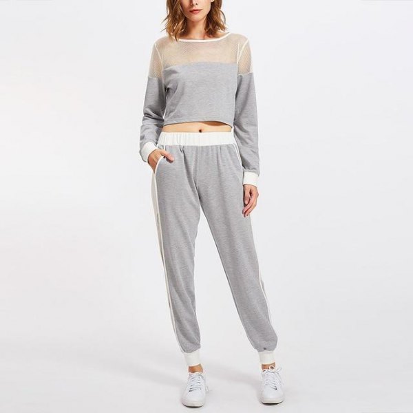 gray mesh and short sweatshirt with matching jogger pants