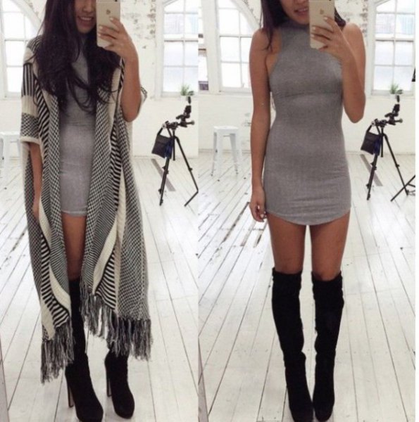 gray mini halter dress with black boots above the knee