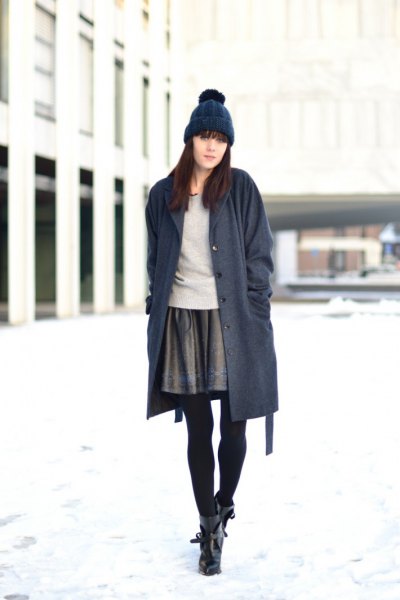 gray mini skirt long dark blue cardigan knitted hat