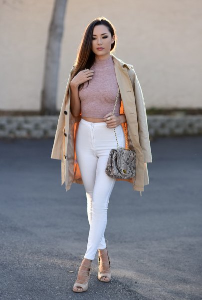 gray, figure-hugging, cropped sweater with white skinny jeans