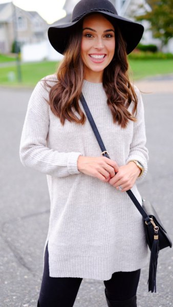 gray knitted sweater with false neckline, black floppy hat