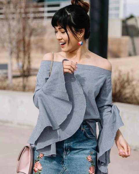 gray off the shoulder bell sleeve up