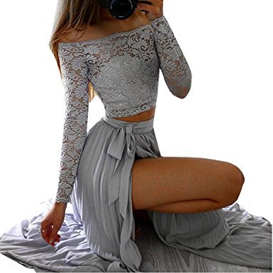 gray strapless lace top with pleated, high split maxi skirt