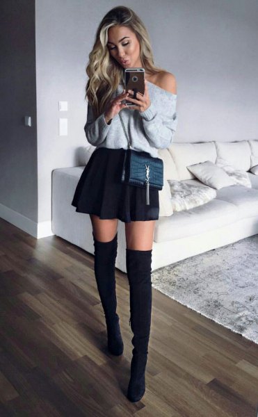 gray strapless sweater with black minirater skirt