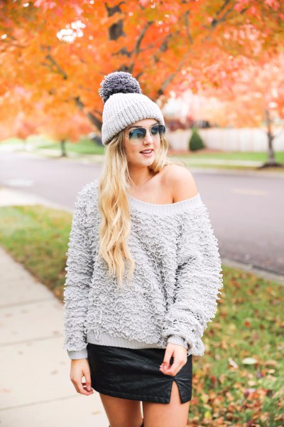 gray chunky teddy sweater with one shoulder