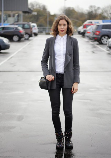 gray oversized blazer with white shirt and black, slim suit trousers