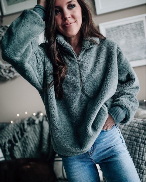 gray oversized half-zip fleece sweater and boyfriend jeans