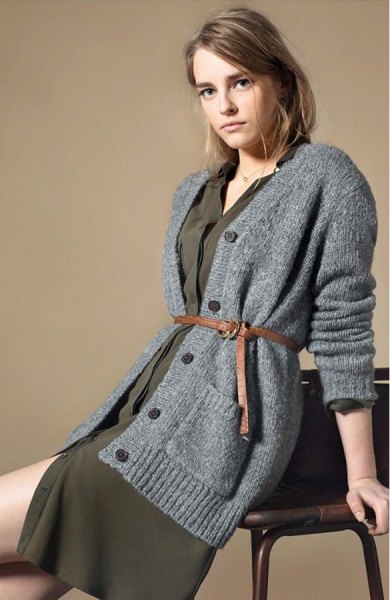 gray, oversized, green knitted dress made of a knitted cardigan