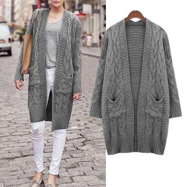 gray, oversized knitted sweater cardigan with white skinny jeans