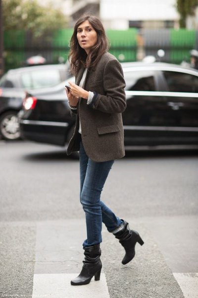 gray oversized wool blazer with black leather boots