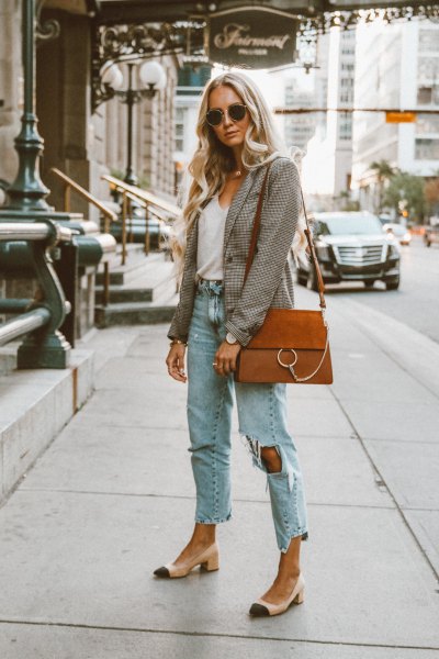 gray checked blazer with white tank top with scoop neckline and boyfriend jeans