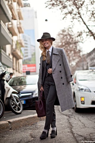 gray plaid long tweed coat with black suit