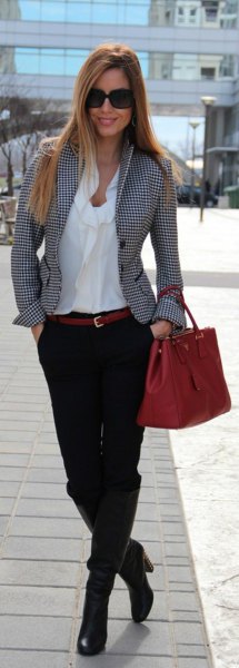 gray checked tweed blazer and white blouse with cowl neckline