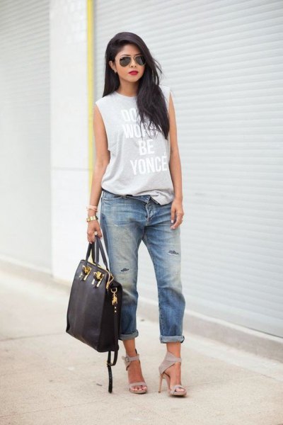 gray printed long tank top with boyfriend jeans with cuffs