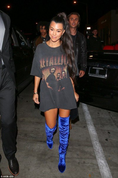 gray printed t-shirt dress with royal blue, thigh-high velvet boots