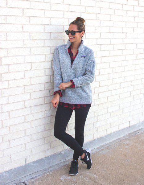 gray sweater with checked boyfriend shirt and black leggings