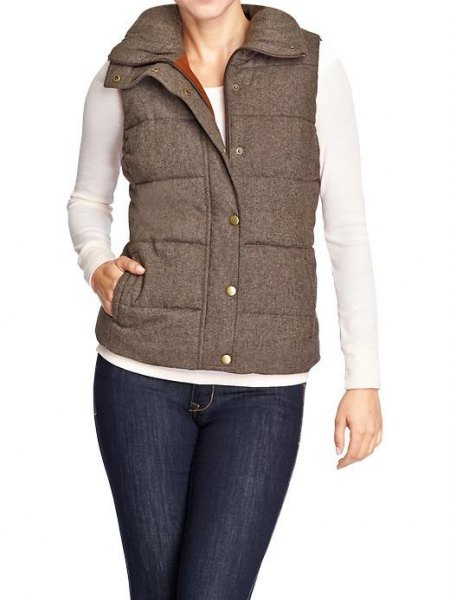 gray quilted tweed vest white skinny fit long sleeve t-shirt