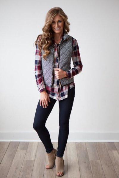 gray quilted vest with black and gray checked boyfriend shirt