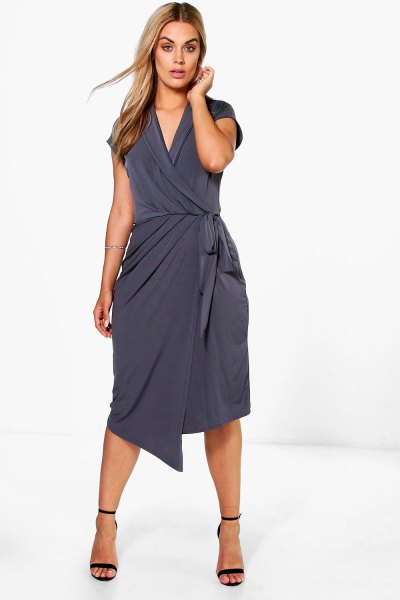 gray, loose fitting midi wrap dress with waistband