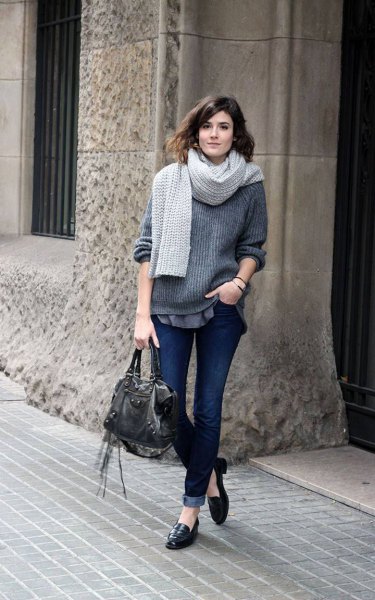 gray, ribbed, chunky knit sweater with scarf and black penny slippers