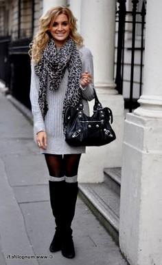 gray, ribbed sweater dress with knitted scarf with leopard print
