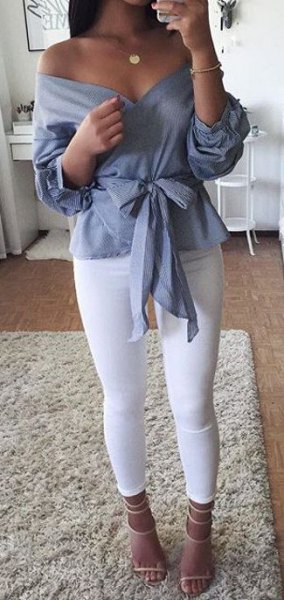 gray tape front of the shoulder blouse with leggings and open toe heels
