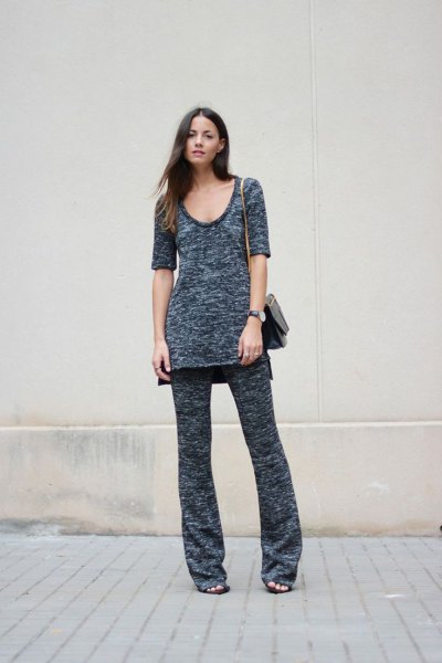 gray knitted tunic top with scoop neckline and matching trousers with wide legs