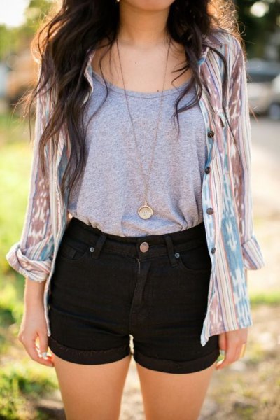 gray scoop neck tank top and blushing pink tie shirt