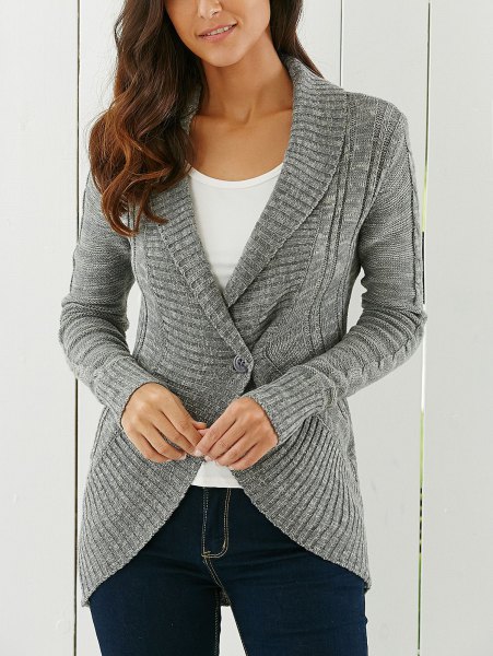 gray cardigan with shawl collar with white t-shirt with scoop neck and dark jeans
