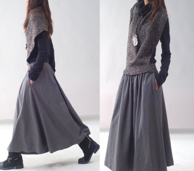 gray scarf with black blouse and maxi pure skirt