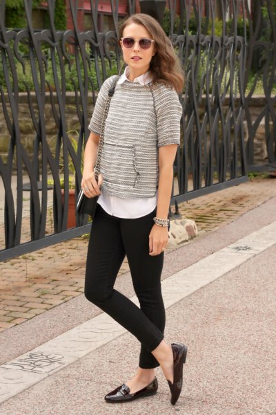 gray short-sleeved sweater with white shirt and black slip-on shoes