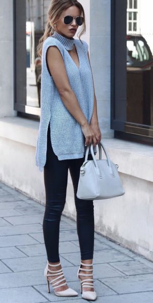 gray sleeveless tunic sweater with turtleneck front and boots