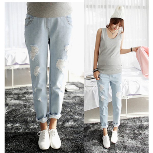 gray sleeveless top with light blue maternity straight-leg jeans