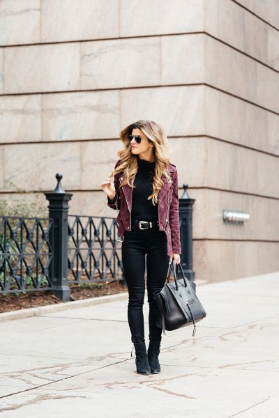 gray suede biker jacket with black skinny jeans and suede ankle boots