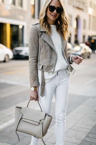 gray suede blazer with white ribbed sweater with relaxed fit