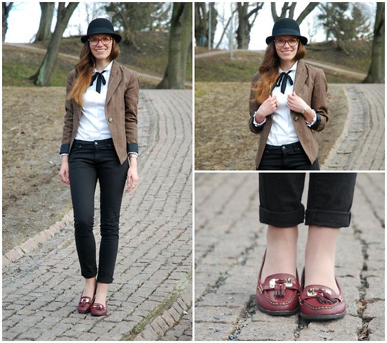 gray suede jacket with white blouse and burgundy-colored slippers
