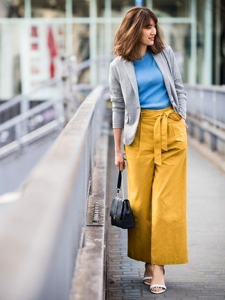 gray pullover blazer with sky blue top and mustard yellow trousers with wide legs