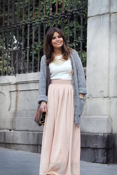 gray cardigan with blushing pink maxi pure skirt