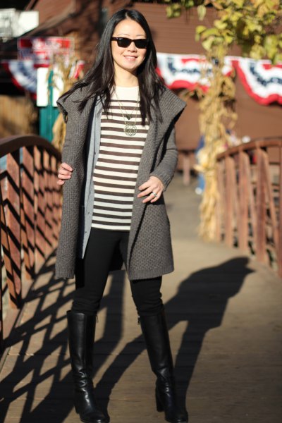 gray pullover jacket with black and white striped top