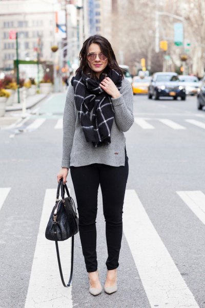gray sweater with checked scarf and light pink flats